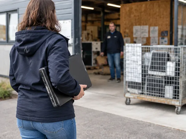 Personne transportant un ancien ordinateur portable vers l’entrée d’un centre de collecte d’équipements électroniques