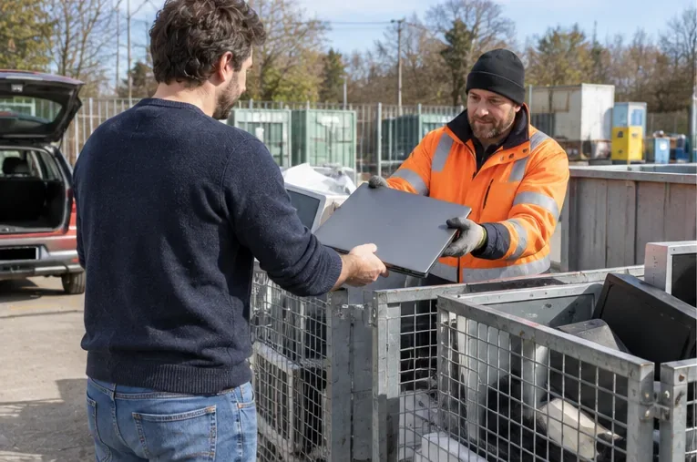 Un particulier remet un ordinateur portable à un agent dans une zone de collecte de déchets électriques.