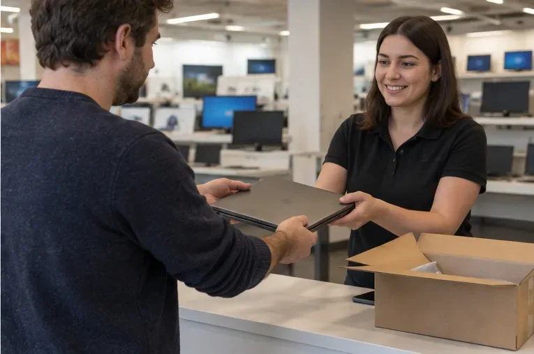 Un client remet un ancien ordinateur portable à une employée dans un magasin d’informatique.