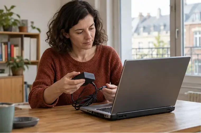 Une personne examine un ordinateur portable et son chargeur sur une table avant de choisir entre réparation, réemploi et recyclage