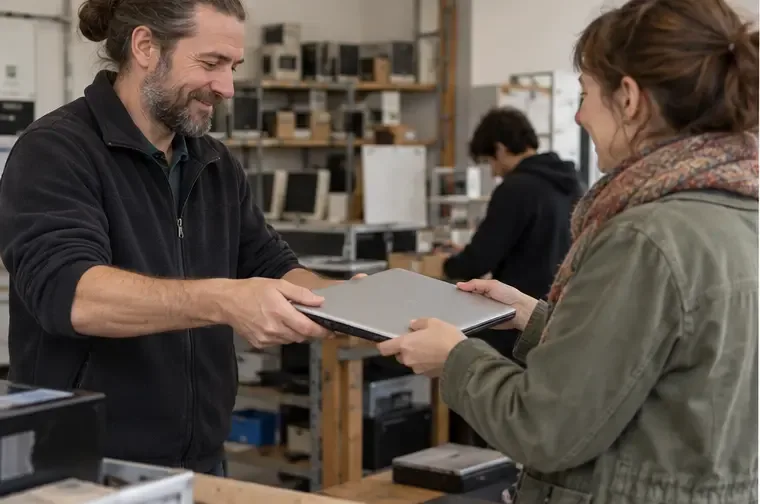 Deux adultes se remettent un ordinateur portable fermé dans un atelier associatif où d’autres équipements sont rangés