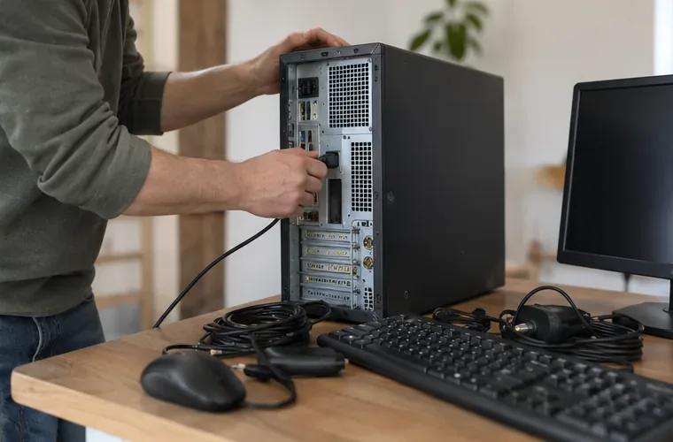 Une personne débranche les câbles d’un ordinateur de bureau avant de le transporter vers une déchèterie