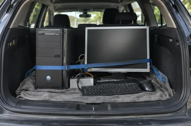 Un ordinateur de bureau et un écran sont attachés dans le coffre d’une voiture pour le trajet vers un point de collecte