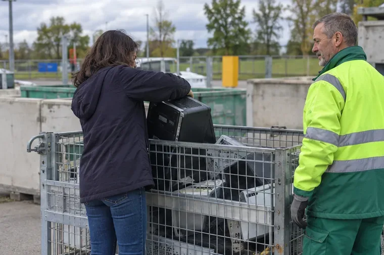 Une usagère dépose une unité centrale dans une cage de collecte de matériel électrique sous la supervision d’un agent