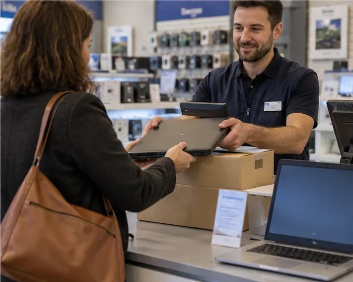 Cliente remettant un ancien ordinateur portable à un employé dans un magasin d’électronique