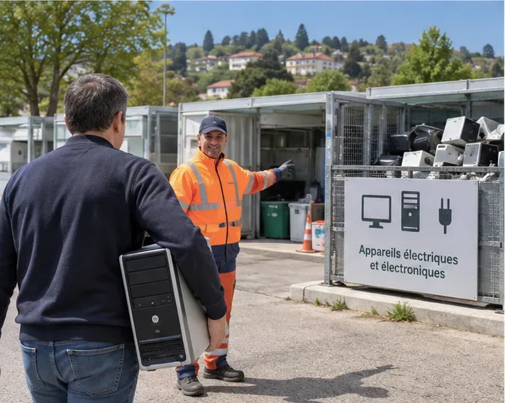 Personne apportant une unité centrale d’ordinateur dans une zone de collecte des appareils électriques et électroniques