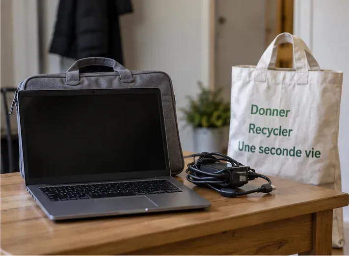 Ordinateur portable avec son chargeur préparé proprement pour un don ou un réemploi