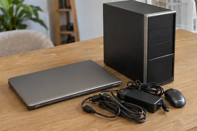 Un ordinateur portable fermé, une tour de PC, une souris, une alimentation et plusieurs câbles sont regroupés sur une table.