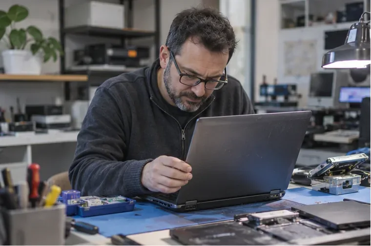 Un technicien examine un ordinateur portable ouvert sur un établi de réparation entouré d’outils et de composants.