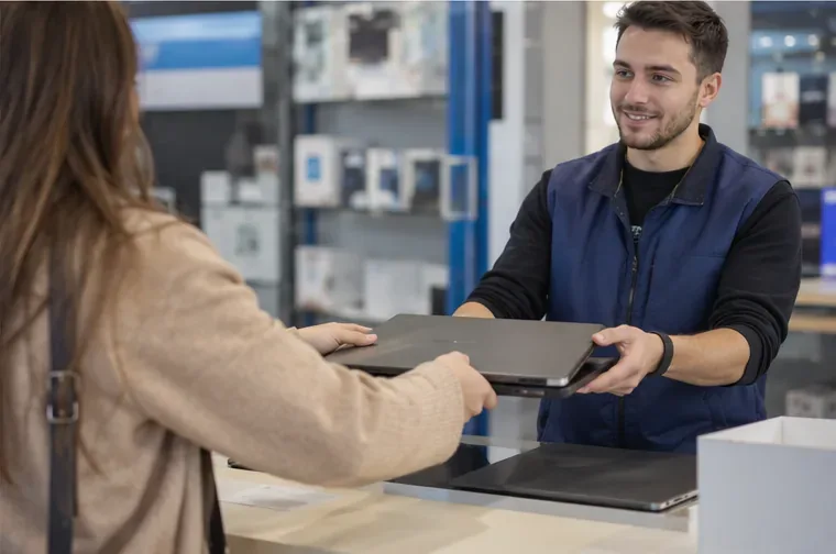 Une cliente remet un ordinateur portable à un employé dans un magasin d’électronique pour une reprise.