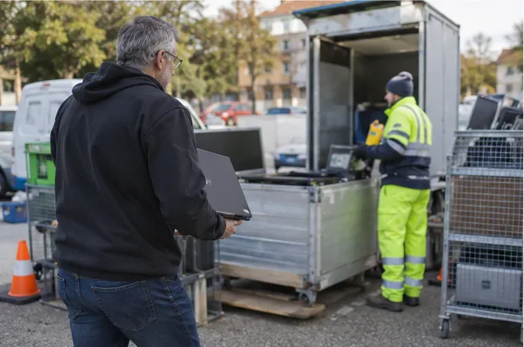 Un habitant apporte un ordinateur portable vers un point de collecte extérieur où du matériel informatique est regroupé pour recyclage.