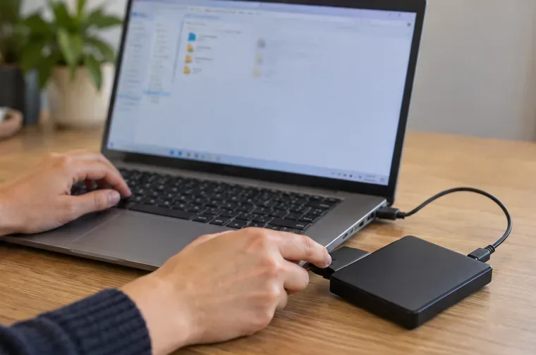 Un disque dur externe est relié à un ordinateur portable pour sauvegarder des fichiers avant la mise au rebut ou le don.