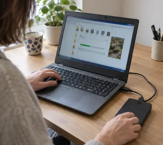 Une personne sauvegarde les fichiers d’un ancien ordinateur portable sur un disque externe posé sur un bureau