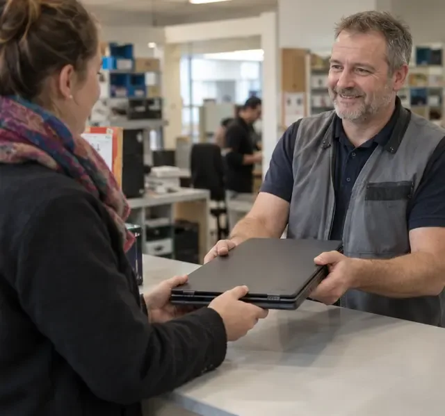 Une personne remet un ordinateur portable fermé à un professionnel derrière un comptoir de réemploi informatique
