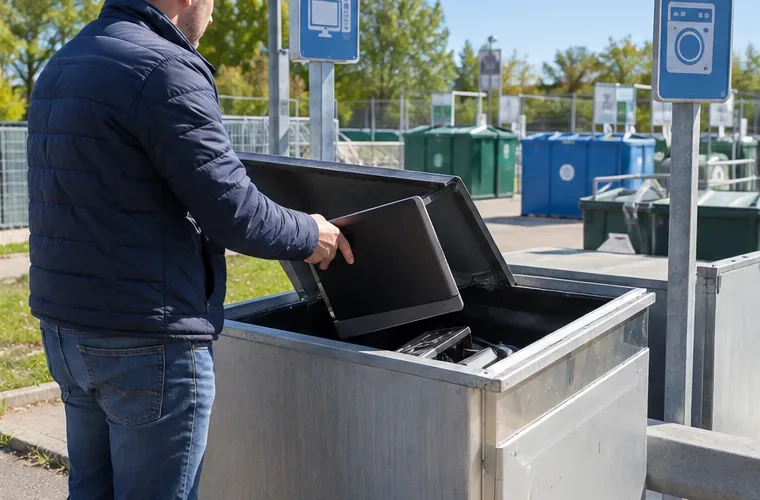 Personne déposant un ordinateur portable dans une zone de collecte de déchets électroniques en déchèterie