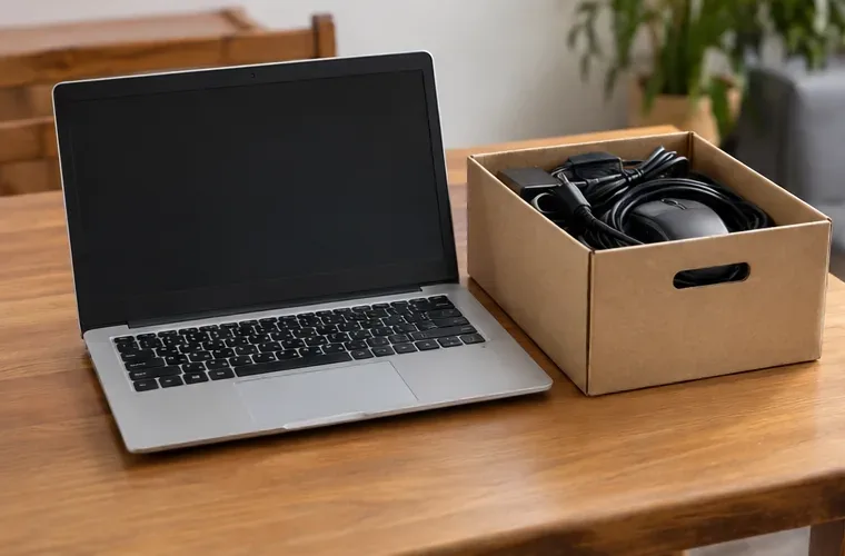 Ordinateur portable propre posé à côté d’une boîte contenant ses câbles et accessoires
