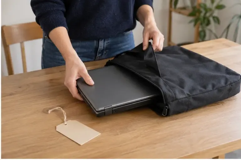 Un ordinateur portable éteint est placé dans une housse avant son transport vers un point de collecte