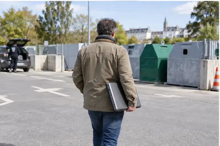 Une personne porte un ordinateur portable fermé vers les conteneurs d’une déchèterie