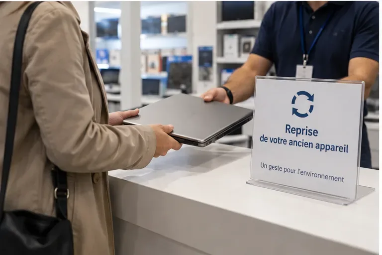 Client remettant un ordinateur portable à un employé au comptoir d’un magasin proposant la reprise des anciens appareils