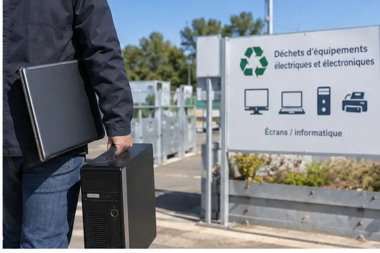 Personne transportant une tour d’ordinateur et un écran vers une zone de collecte des déchets électriques et électroniques