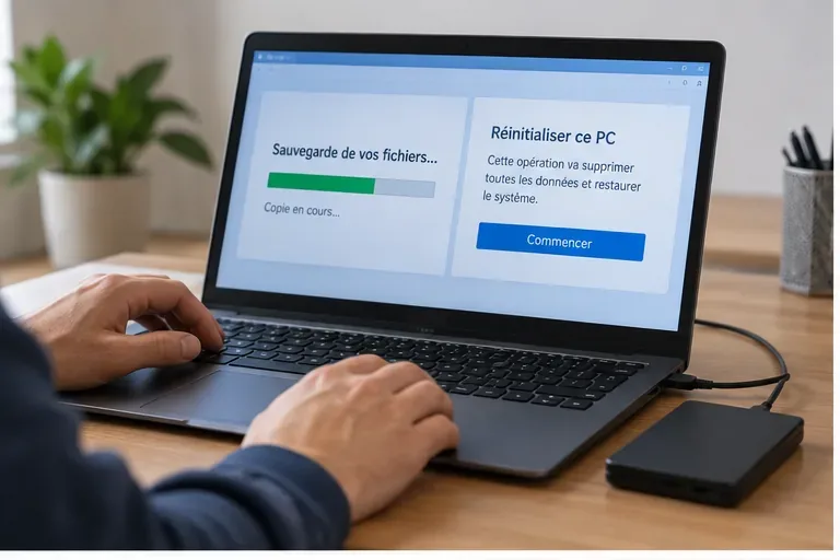 Ordinateur portable sur un bureau avec une sauvegarde de fichiers et une option de réinitialisation affichées à l’écran