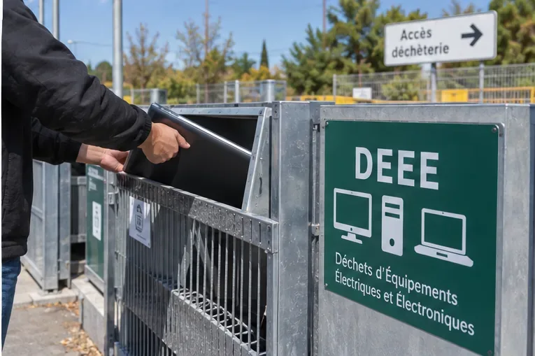 Une personne dépose un ordinateur dans un espace de collecte marqué DEEE à l’entrée d’une déchèterie.