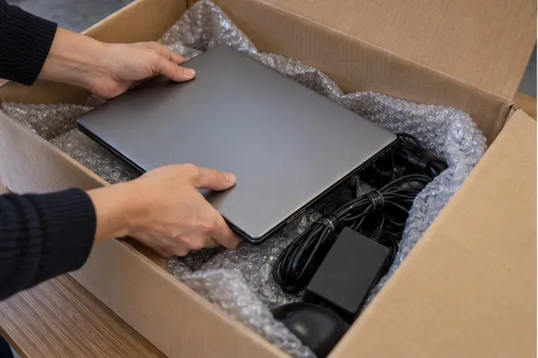 Un ordinateur portable et son chargeur disposés dans un carton protecteur avec du calage.