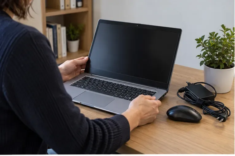 Un ordinateur portable ouvert sur une table avec son chargeur et une souris, prêt à être évalué avant réemploi ou recyclage.