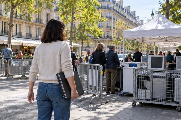 Une personne transporte un ordinateur portable vers un point de collecte de proximité installé sur une place parisienne