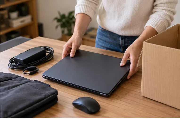 Un ordinateur portable éteint avec son chargeur est préparé dans un carton pour être transporté vers un point de collecte parisien