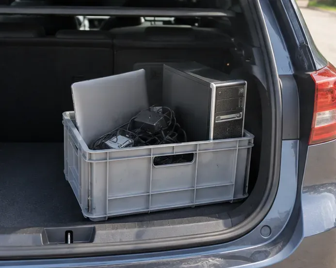 Un ordinateur portable, une tour et des câbles regroupés dans une caisse stable dans le coffre d'une voiture