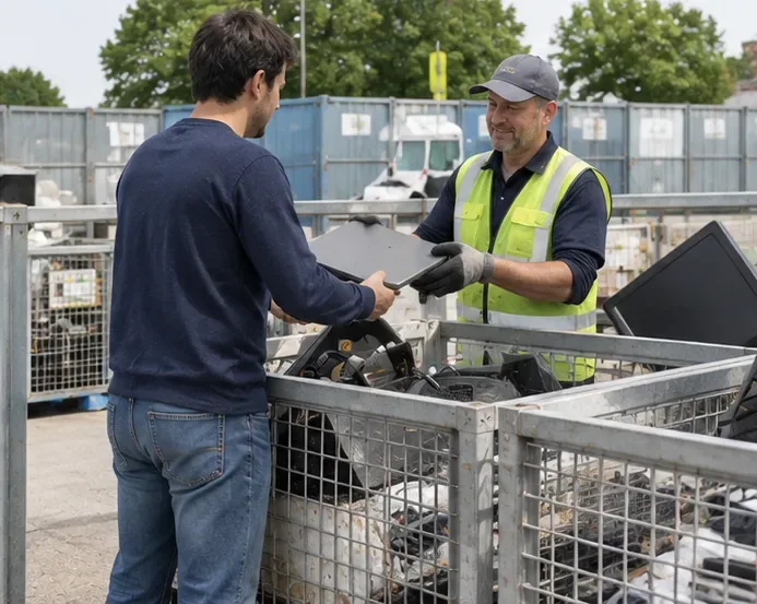Une personne remet un ordinateur portable à un agent dans une zone de collecte de déchets électroniques