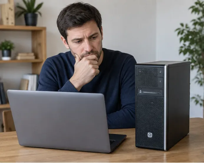 Une personne examine un ordinateur portable et une tour avant de décider s'ils peuvent être réutilisés ou doivent être recyclés