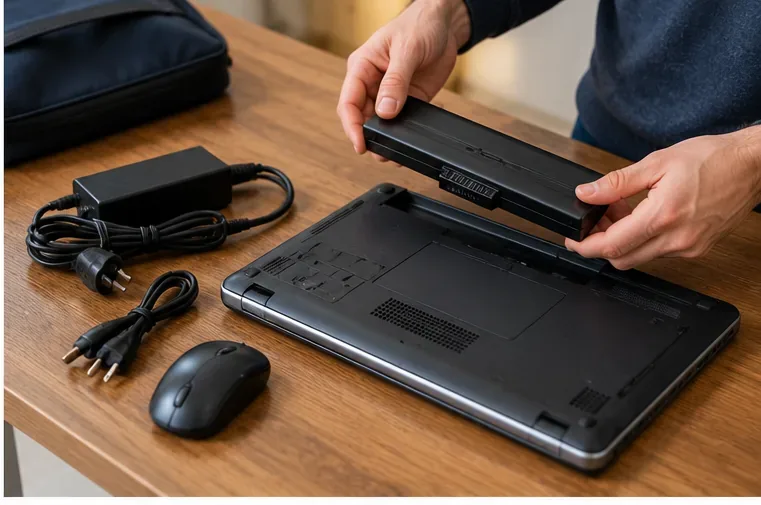 Une personne retire prudemment une batterie amovible d’un ordinateur portable, avec chargeur et souris posés à côté