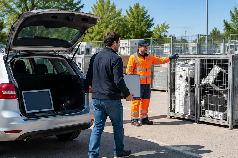 Un particulier apporte un ancien ordinateur dans une déchèterie et demande au personnel où le déposer