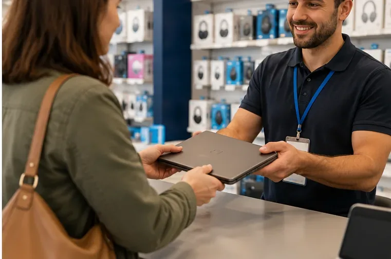 Une cliente remet un ordinateur portable usagé à un employé dans un magasin d’électronique