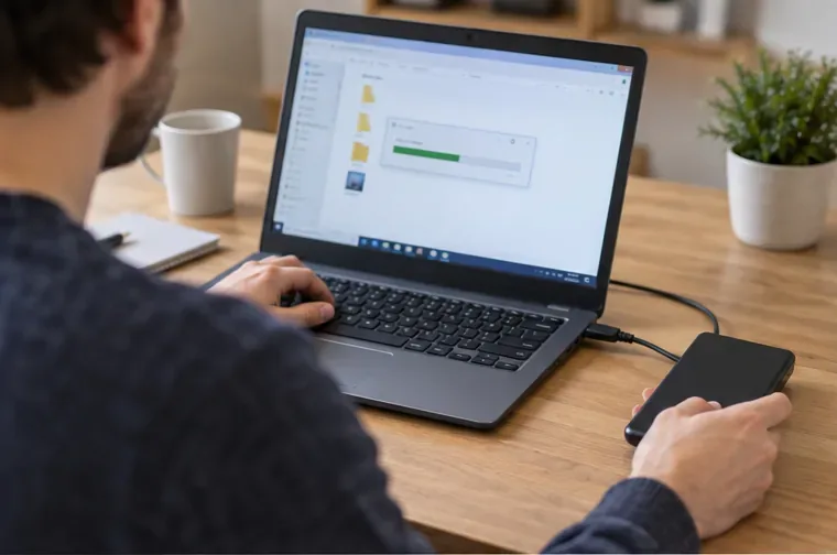 Une personne sauvegarde les fichiers d’un ordinateur portable vers un disque externe posé à côté du PC