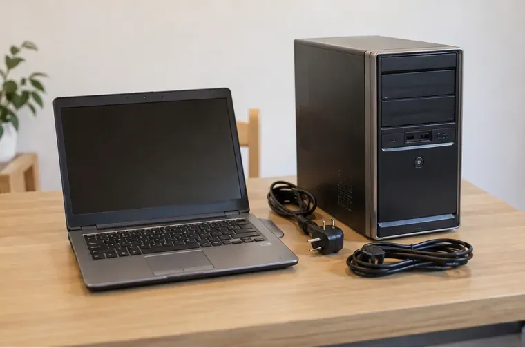 Un ancien ordinateur portable et une tour de PC posés sur une table avec leurs câbles, prêts à être triés avant don ou recyclage