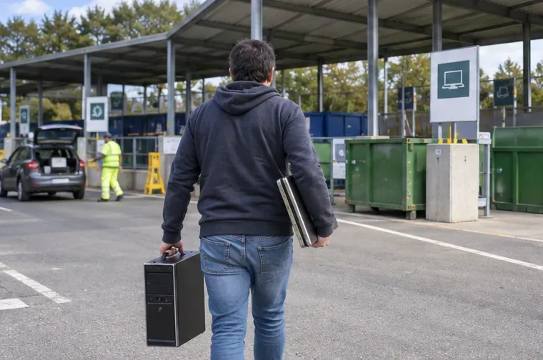 Une personne transporte une tour d’ordinateur et un ordinateur portable vers une zone de dépôt en déchèterie