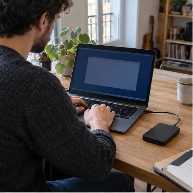 Personne utilisant un ordinateur portable relié à un disque externe sur une table