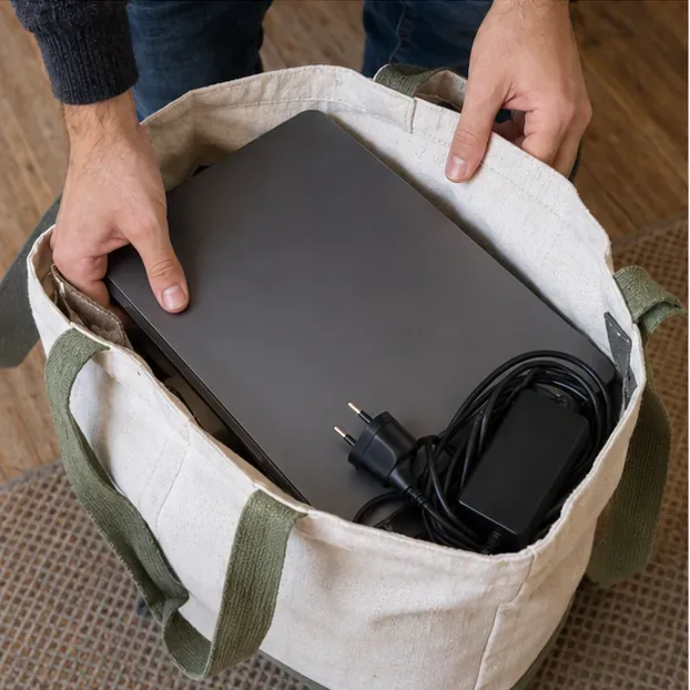 Ordinateur portable éteint et chargeur rangés ensemble dans un sac réutilisable
