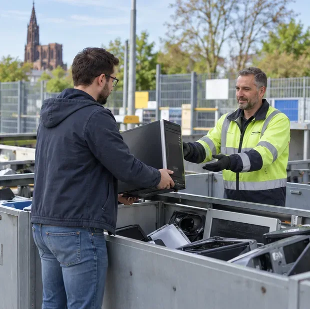 Un agent de déchèterie oriente un usager qui apporte une tour d’ordinateur vers la zone des déchets électroniques