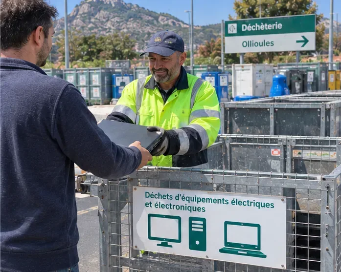 Remise d’un ordinateur portable à un agent près d’une zone de collecte des déchets électriques et électroniques