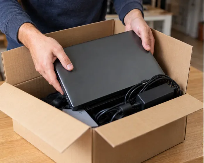 Ordinateur portable et chargeur placés dans un carton pour être transportés vers une filière DEEE