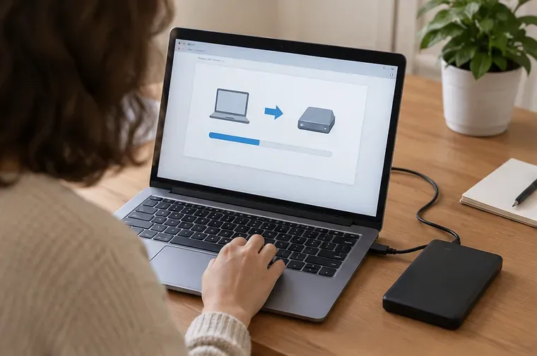 Personne transférant les fichiers d’un ordinateur portable vers un disque externe avant l’effacement des données