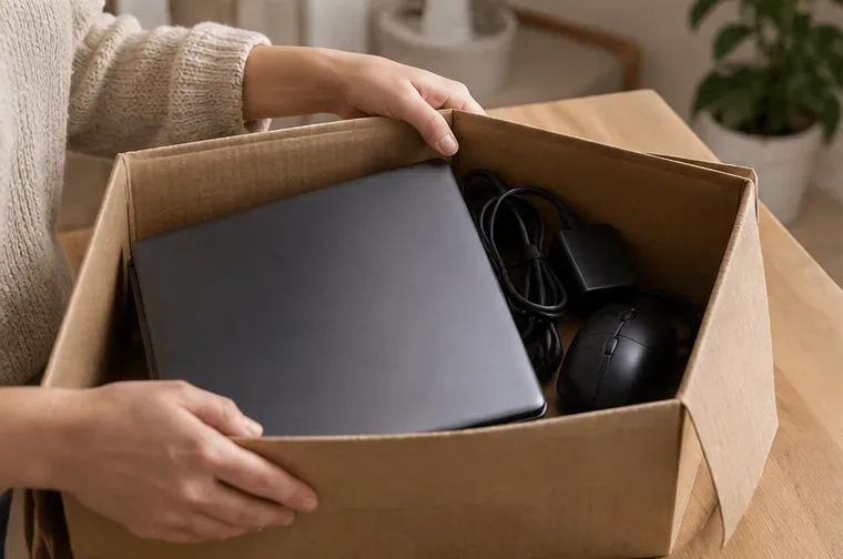 Ordinateur portable, chargeur et souris rangés dans un carton ouvert avant le trajet vers un point de collecte