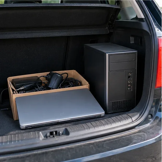 Ordinateur portable, unité centrale et câbles rangés dans le coffre d’une voiture pour être transportés