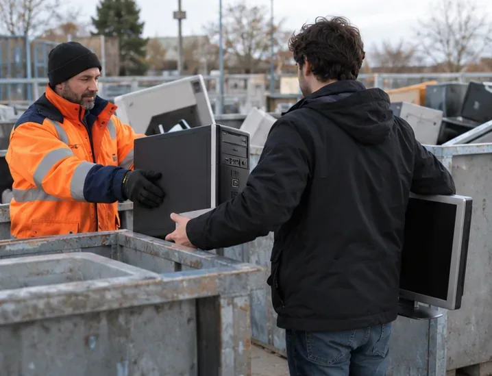 Un particulier remet une unité centrale à un agent dans un point de collecte d’équipements électroniques