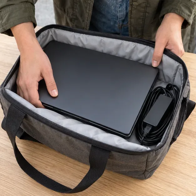 Ordinateur portable et chargeur rangés ensemble dans un sac matelassé pour le transport