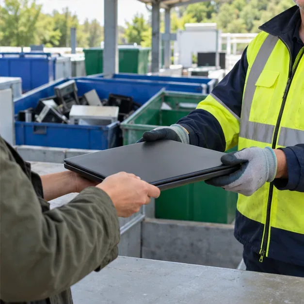 Un habitant remet un ordinateur portable à un agent dans une zone de collecte électronique